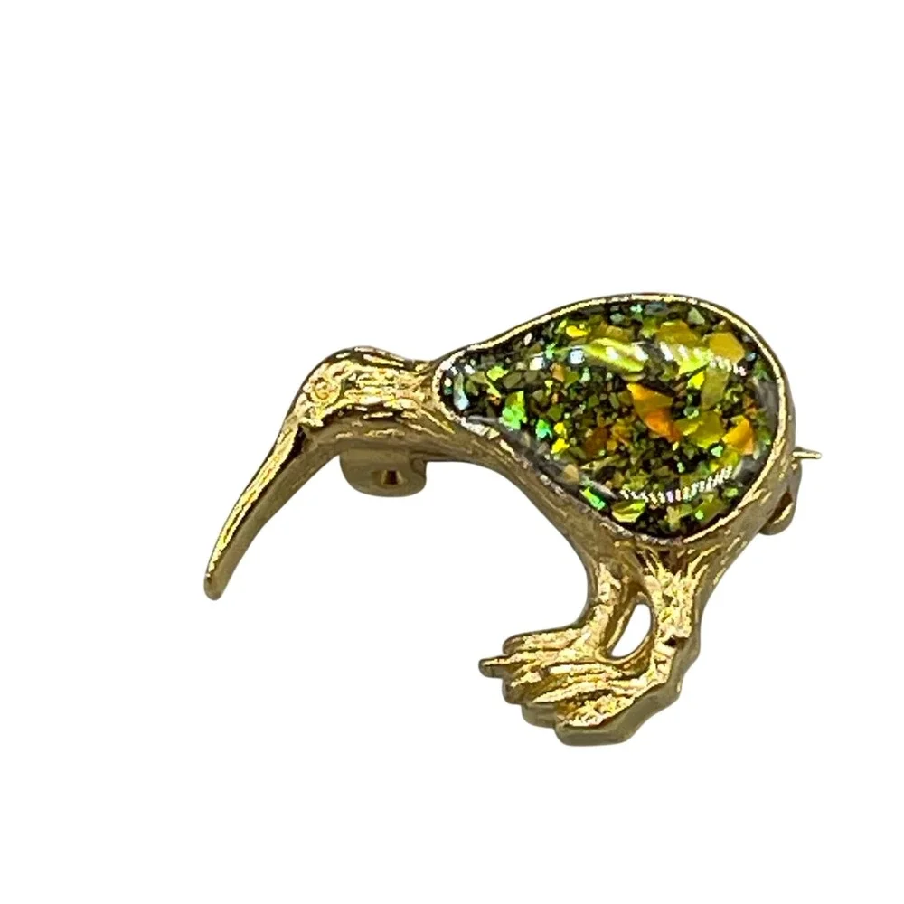 Vintage Kiwi Bird Brooch Gold Tone Green Crushed Paua Shell Inlay New Zealand